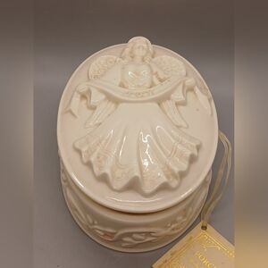 VINTAGE WHITE OVAL MIRROR PORCELAIN TRINKET BOX ANGEL WITH JOY ON LID
